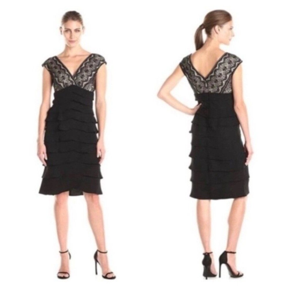 Adrianna Papell Lace Tiered Midi Dress Women Size 10 Black Ruffled Double V Neck